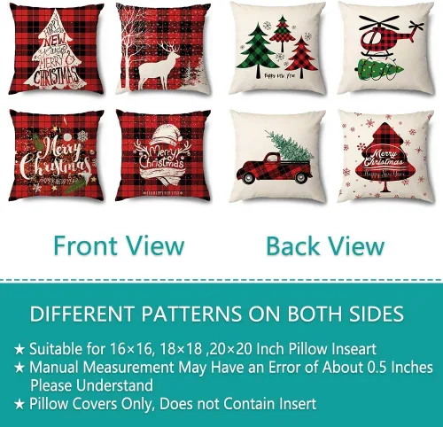 Miniatura 2 de Juego de 4 fundas de almohada navideñas a cuadros de búfalo de 18 x 18 pulgadas, decoración de almohada de lino y algodón rojo beige para decoración