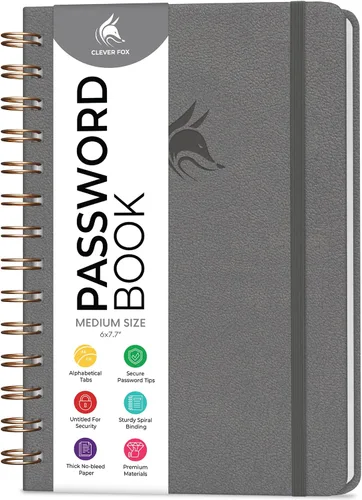 Miniatura 33 de Clever Fox Libro de Contraseñas en Espiral – Organizador de Direcciones de Internet y Contraseñas con Pestañas Alfabéticas Laminadas – Diario Negro