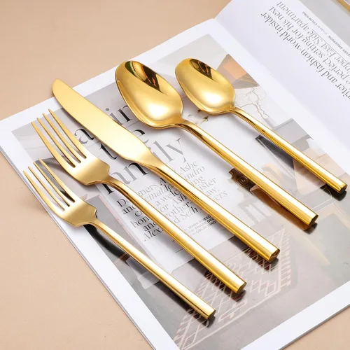 Miniatura 9 de Juego de Cubiertos Espejo Juego de Cubiertos Dorados con Mango Hexagonal 20 Piezas Juego de Cubiertos de Acero Inoxidable 18/0 Regalo de Boda e