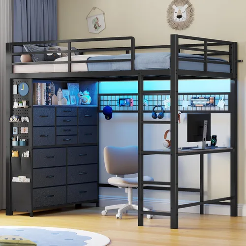 ADORNEVE Cama tipo loft individual con escritorio, 14 cajones de almacenamiento y toma de corriente, cama tipo loft para niños tamaño individual con