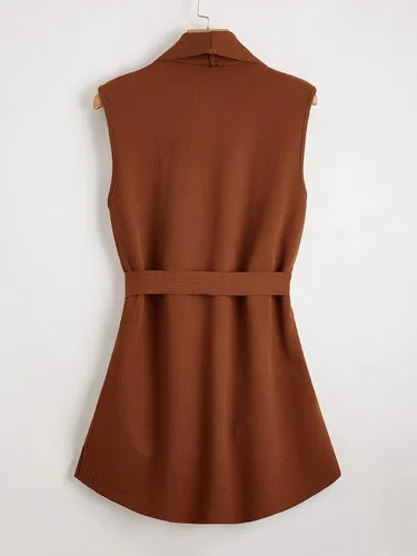 Miniatura 2 de SOLY HUX Chaqueta tipo cárdigan sin mangas con solapa y cinturón para mujer, talla grande