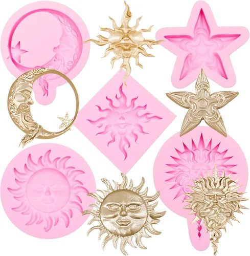 Juego de moldes de silicona, formas de estrella de sol y luna, rosa, moldes para hornear dulces de chocolate, 5 piezas con temática celestial (LC176