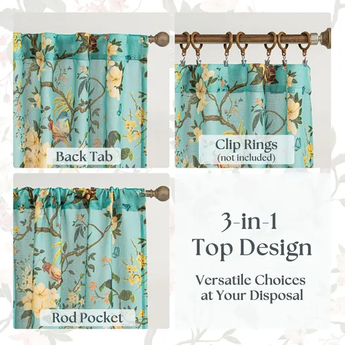Miniatura 5 de Cortinas de lino florales azules y amarillas, estilo vintage, bohemio, de 63 pulgadas, 2 paneles con pestaña trasera para sala de estar