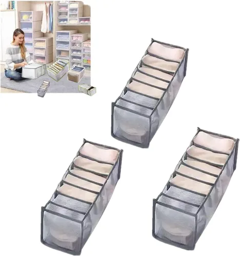 Organizador de ropa de armario y rejillas de almacenamiento para jeans, cajones, pantalones y leggings (gris, 3 unidades, 7 rejillas, leggings)