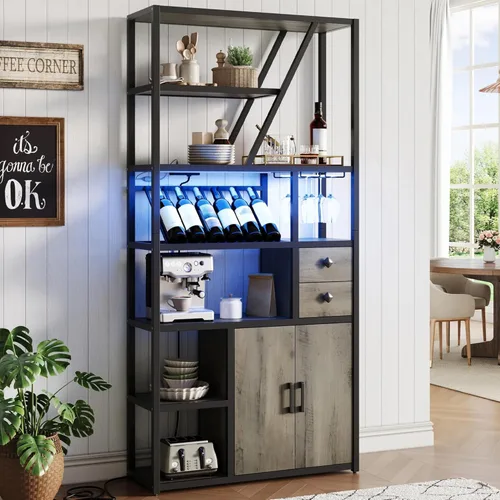 GarveeHome Gabinete de bar de vinos con luces LED, estación alta de barra de café con tomas de corriente y estante de vino, soporte de microondas de