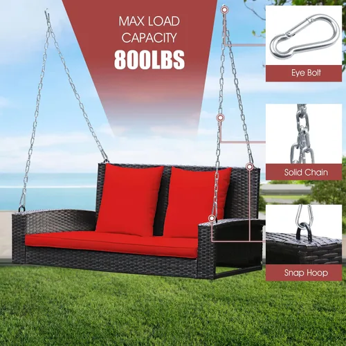 Miniatura 7 de Tangkula Columpio de Mimbre para Porche de 2 Personas, Patiojoy Banco Colgante de Ratán para Exteriores con 2 Cojines de Respaldo y 1 Cojín