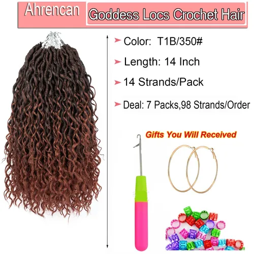 Miniatura 3 de Copper Goddess Faux Locs Cabello de Ganchillo con Puntas Rizadas, 7 Paquetes de 14 Pulgadas Boho Goddess Locs Cabello de Ganchillo, Cabello