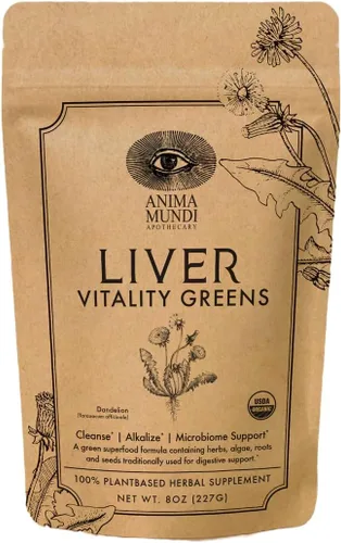 Anima Mundi Apothecary Super Greens Powder - Vitalidad hepática - Superalimento orgánico y prebióticos herbales para desintoxicación del hígado,