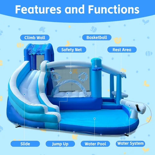 Miniatura 4 de Tobogán acuático inflable para niños, tobogán acuático de tela Oxford resistente con piscina y soplador de 550 W, combo de casa de rebote al aire