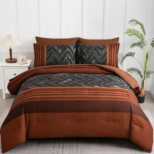 Miniatura 16 de Luxudecor Juego de Edredón Negro Tamaño King, 7 Piezas Cama en una Bolsa de Rayas Geométricas, Juego de Edredón Geométrico y Sábanas, Juego Completo