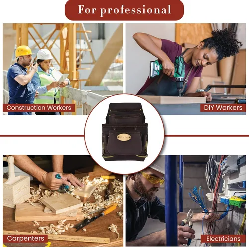 Miniatura 6 de Style n Craft Bolsa de herramientas y uñas de carpintero de 10 bolsillos, bolsa de herramientas de cuero resistente, bolsa de cuero de grano Marrón