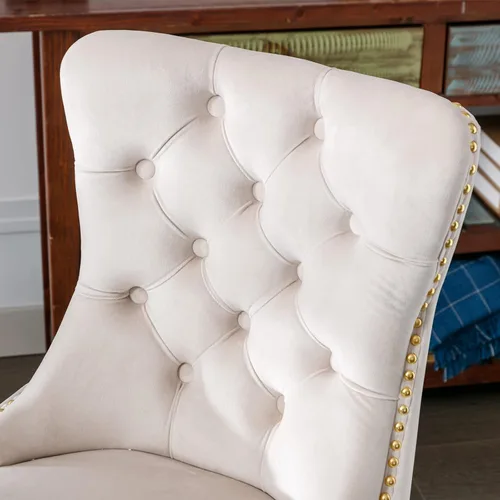 Miniatura 7 de Silla de escritorio de terciopelo, silla de tocador de altura ajustable con ruedas, cómoda silla de escritorio con respaldo de ala, ribete