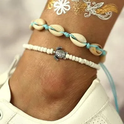 Miniatura 4 de Aluinn Juego de tobilleras de concha con capas de tortuga bohemia, pulseras de tobillo plateadas, cadena de pie de playa, accesorios de joyería