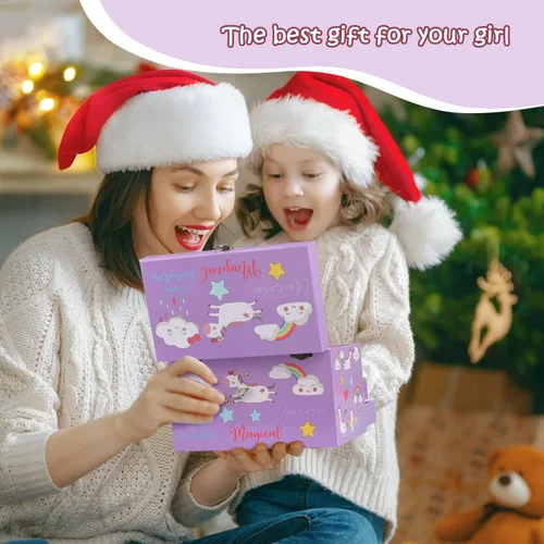 Miniatura 7 de efubaby Joyero musical para niñas, organizador de joyas de 3 capas con cajones, diseño de unicornio de bailarina giratoria, incluye juego de joyas