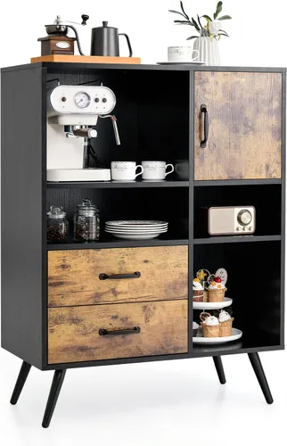 Giantex Armario de buffet con almacenamiento, aparador de cocina industrial con 2 cajones grandes, armario de 4 cubos, armario de mediados de siglo,