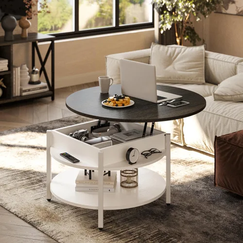 Miniatura 2 de FABATO Mesa de Centro Redonda con Tapa Elevable con Almacenamiento y Compartimento Oculto, 26.77'' Mesa de Centro Estilo Granja para Sala de Estar