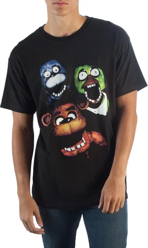 Bioworld Camiseta de grupo estilo cinematográfico de la FNAF, espeluznante animatronics Chica Bonnie Freddy Fazbear's Pizza, camiseta ajustada negra