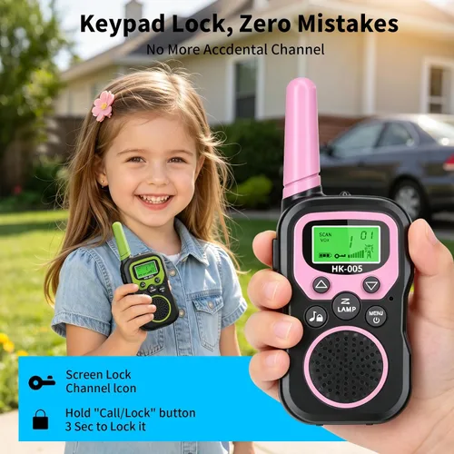 Miniatura 5 de Walkie Talkies recargables para niños, paquete de 3, Walkie Talkies de largo alcance para niños de 22 canales VOX linterna para acampar al aire