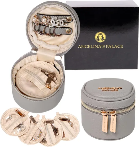 Angelina's Palace Estuche organizador de joyas redondo, bolsa de viaje, regalos de dama de honor, caja de cuero vegano para collar, aretes, pulsera,