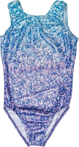 Destira Leotardo de gimnasia de lavanda con purpurina y brillo, tela holográfica brillante en azul y lavanda, coletero a juego incluido