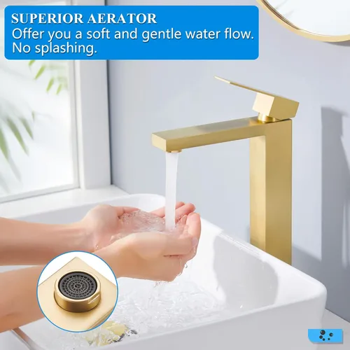 Miniatura 3 de Tohlar Grifo de lavabo dorado, grifos de baño altos para fregaderos de buque, dorado cepillado, moderno, mango único, 1 agujero, grifo de tocador
