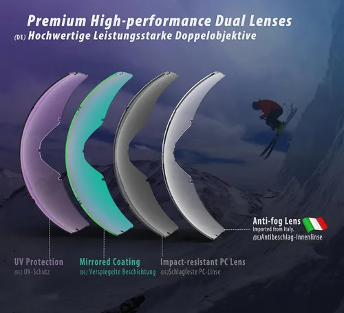 Miniatura 5 de Gafas de esquí OTG para usar sobre lentes, gafas de nieve y snowboard, para adultos, hombres, mujeres y jóvenes, antiempañamiento, 100% protección