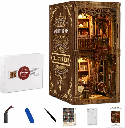 Kit de rincón de libros para adultos, estante de madera DIY con luz LED, rompecabezas de casa en miniatura, decoración de estante vintage, regalo