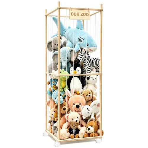 Miniatura 9 de Almacenamiento de animales de peluche, almacenamiento de zoológico de animales de peluche de madera con ruedas de freno, organizador de juguetes