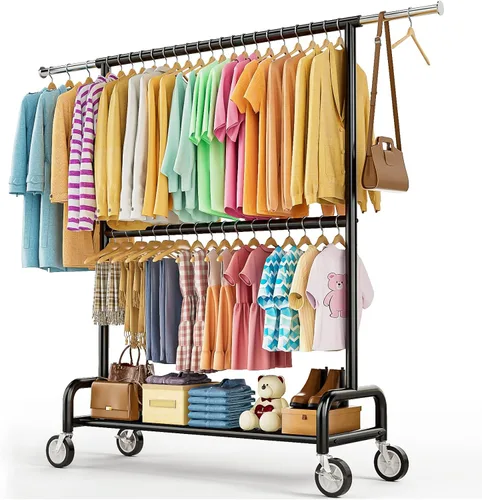 Perchero de ropa resistente con carga de 860 libras, estantes de ropa rodantes de doble barra para colgar ropa, estante de ropa rodante con estantes