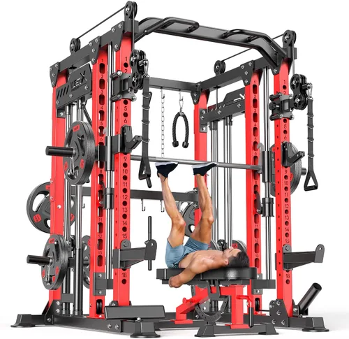 Miniatura 36 de Rack Multiusos para Sentadillas, Conjunto de Rack de Pesas Smith Machine con Sistema de Crossover de Cables, Racks de Potencia para Gimnasio en L04