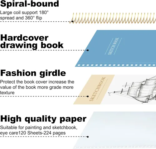 Miniatura 4 de Cuaderno de bocetos de tapa dura de 9 x 12 pulgadas para dibujo, bloc de bocetos con espiral de 120 hojas, cuaderno de bocetos de arte premium