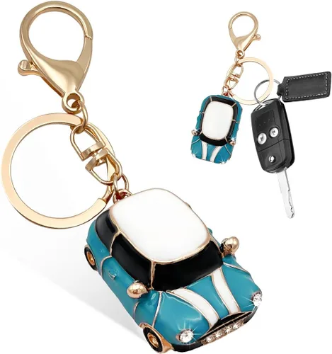 povtii Llavero de Coche, Detalle de Rinstones 3D Modelo de Coche Bonito Llavero, Llavero de Metal Mini Cooper con Anillo, Accesorios para Coche Azul
