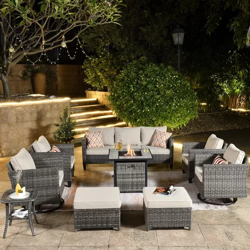 Miniatura 40 de ovios Juego de muebles de patio de 7 piezas con mesa cuadrada para hoguera, sillas mecedoras giratorias, juego de conversación de mimbre de respaldo