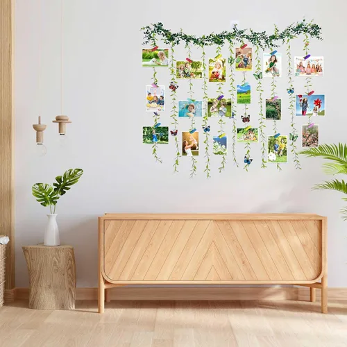 Miniatura 3 de Expositor de fotos para colgar en la pared con clip, juego de collage de marcos de fotos de hojas de árbol de vid artificiales con 40 clips y 8