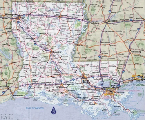 Gifts Delight Póster laminado 29x24: Mapa de carreteras - Carreteras y carreteras detalladas grande mapa del estado de Louisiana con Todas las