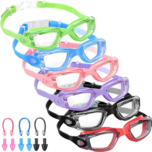 Miniatura 7 de Flutesan Paquete de 6 gafas de natación para adultos y niños, anti niebla, con tapones para los oídos, clip para la nariz, sin fugas, protección