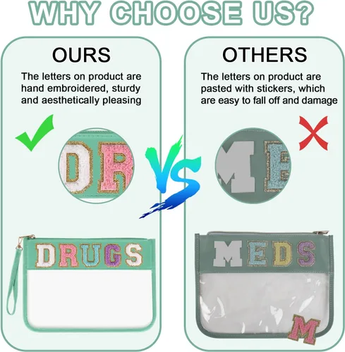 Miniatura 5 de Iqimott Bolsa de parche de felpilla con letras MEDS transparente, bolsa de maquillaje portátil de preparación para mujeres y niñas, viajes, bolsa