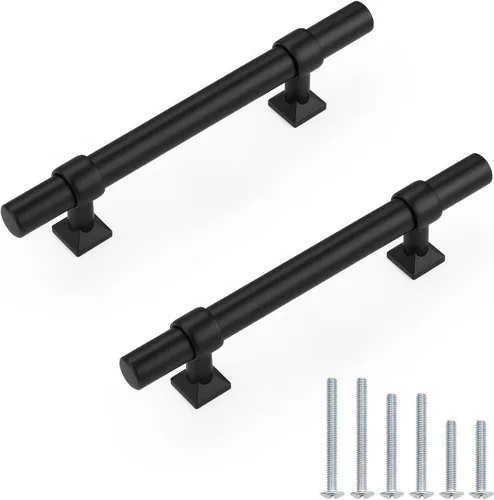 Miniatura 29 de Paquete de 5 pomos de gabinete negro mate, tiradores de gabinete de un solo agujero para cocina y baño, manija de barra en T de acero inoxidable