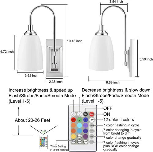 Miniatura 7 de HONWELL Lámpara de pared LED que funciona con pilas, para interiores, inalámbrica, 2 unidades, 2 unidades, control remoto, multicolor, aplique