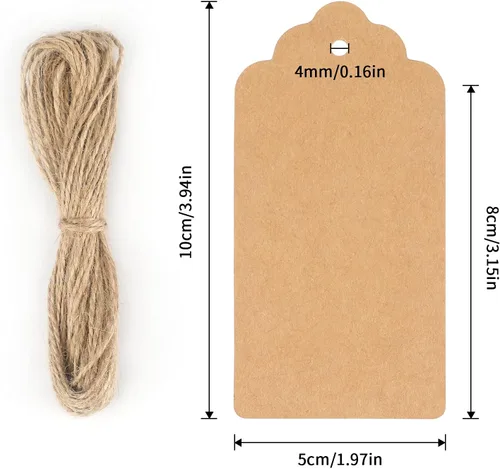 Miniatura 2 de 100 etiquetas de precios G2PLUS de papel de estraza, con una cuerda marrón e ideales para empaques, manualidades, bodas, Navidad, Día de Acción