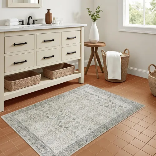 Miniatura 3 de Alfombra lavable de 2 x 3 pies, color beige floral, tapete para puerta de entrada interior, tapetes de cocina para piso, color blanco crema