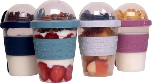 Salda Paquete de 4 tazas de desayuno sobre la marcha, taza de yogur para llevar y llevar con cobertura de cereales con cuchara, frasco de avena o