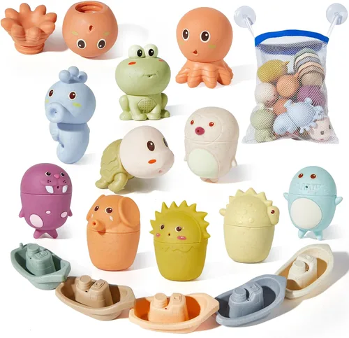 AMCHSURI Juguetes de baño de animales con botes flotantes para niños pequeños de 1 a 3 años, 15 juguetes de bañera sin moho para bebés de 6 a 12