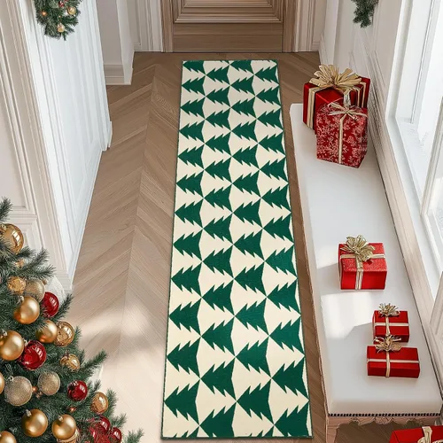 COLLACT Alfombra de pasillo de Navidad de 2 x 10 pies, color verde sobre crema, alfombra de camino de árbol de Navidad, alfombra lavable, alfombra