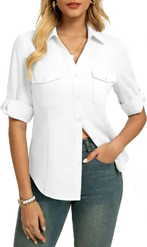Miniatura 9 de GRACE KARIN Camisas con botones para mujer, cuello en V clásico, manga 3/4, blusas básicas elegantes sin arrugas
