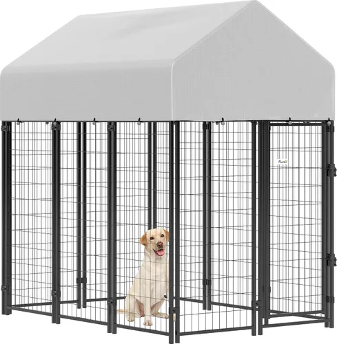 Miniatura 13 de PawHut Jaula de 4' x 4' x 6' para perros al aire libre, Jaula de alambre soldado para perros con rotación de 360° y cuencos ajustables de 4 niveles