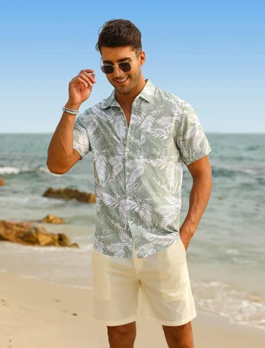 Miniatura 2 de EISHOPEER Conjunto de camisa hawaiana para hombre, camisa de manga corta con botones y pantalones cortos de playa sólidos de secado rápido, tallas