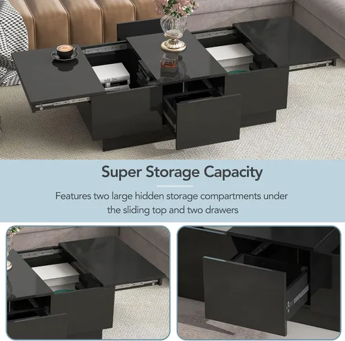 Miniatura 4 de Mesa auxiliar multifuncional con 2 cajones de almacenamiento, mesa de cóctel de café extensible con 2 cajones, mesa central rectangular de alto