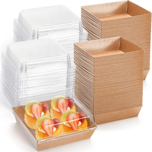 Hiceeden Paquete de 100 Cajas de Charcutería con Tapas Transparentes, 5.4"×5"×2.5" Caja de Papel para Panadería Postres Sándwich, Recipientes