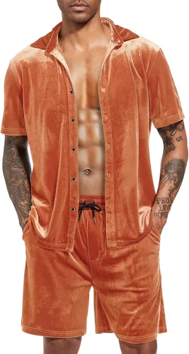 Miniatura 11 de LecGee Conjunto de pantalones cortos casuales de verano para hombre, camisa de terciopelo de manga corta con botones, pantalones cortos de cintura
